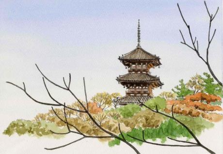 横浜・三渓園三重塔を描く：F4