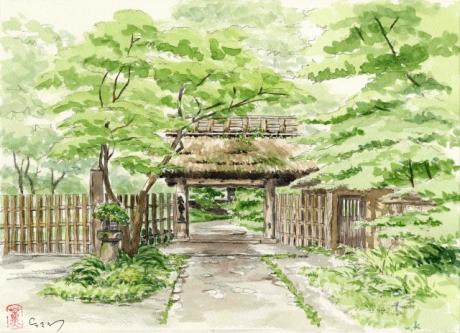 湯布院町・亀の井別荘の門構えを描く：F4