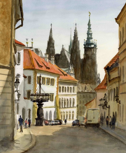 水彩画 プラハの路地 希望者のみラッピング無料