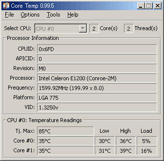 CoreTempで測定した「Celeron Dual Core E1200」の温度