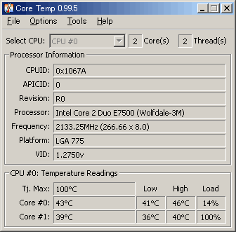 CoreTempで測定した「Core 2 Duo E7500（VT対応版）」の温度