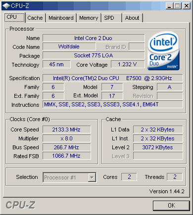 CPU-Zで確認した「Core 2 Duo E7500（VT対応版）」