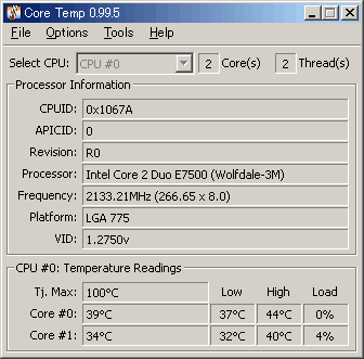 Core Tempで測定した「Core 2 Duo E7500（VT対応版）」の温度