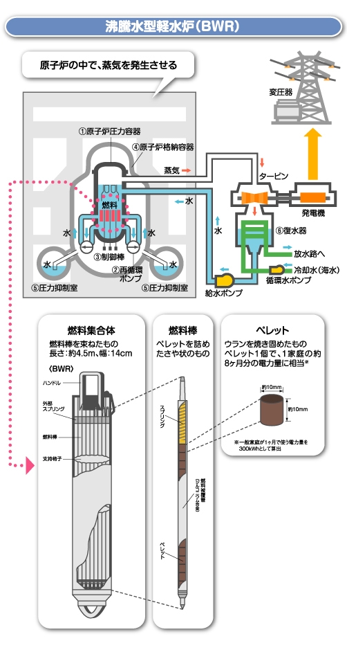 福島原発の沸騰水型原子炉BWRの構造図